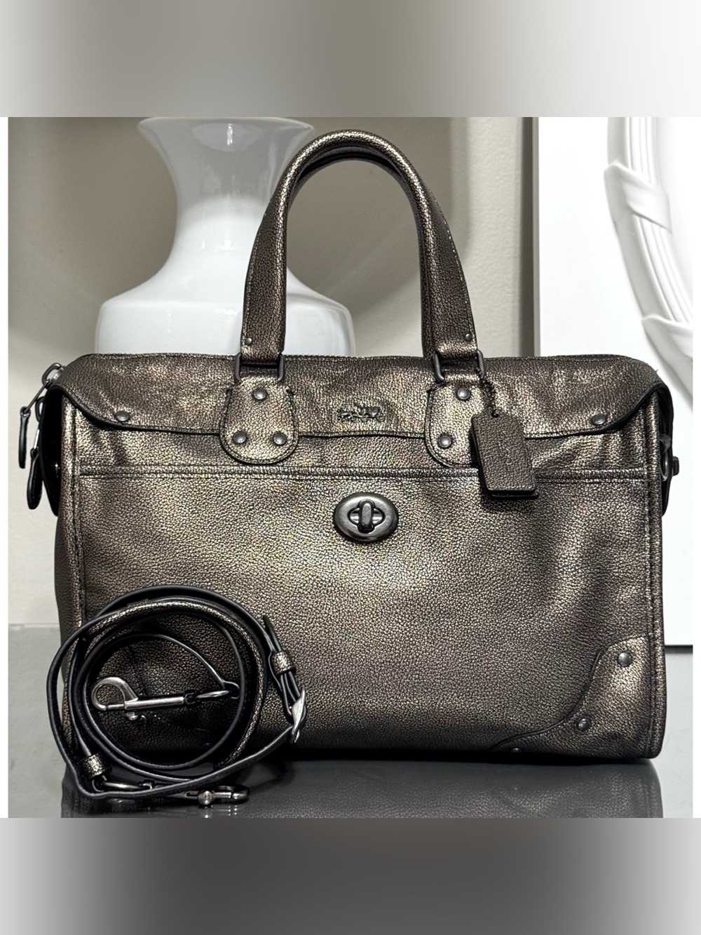 COACH Rhyder Satchel 33739 Metallic Pebble Leather Crossbody, QB/BRASS
